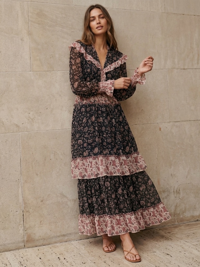 H&M Black Floral Prairie Coquette Boho Fairy Cottagecore Maxi Dress Women’s Us 2